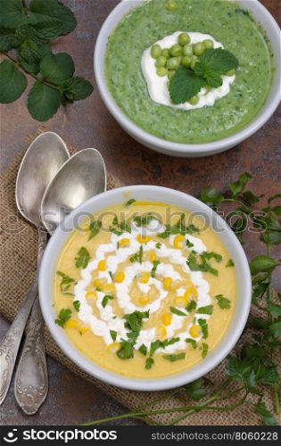 bowl of puree soup mealies and pea with herbs