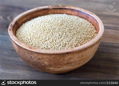Bowl of raw white quinoa on the wooden background