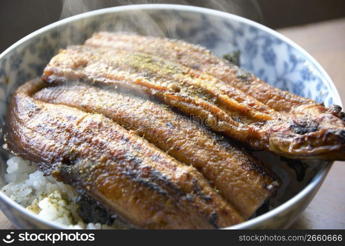 Bowl of rice topped with grilled eel