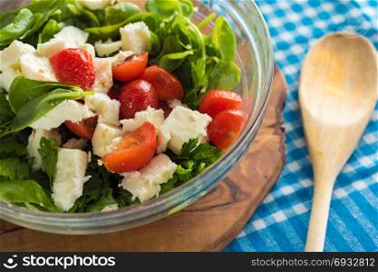 Bowl of salad with cheese and tomatoes