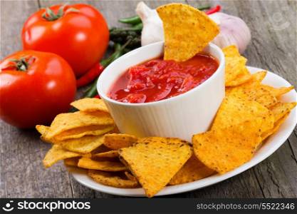 Bowl of salsa with tortilla chips