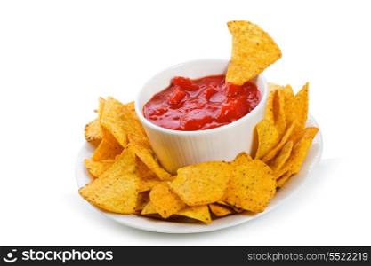Bowl of salsa with tortilla chips on white background