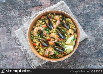 Bowl of seafood paella