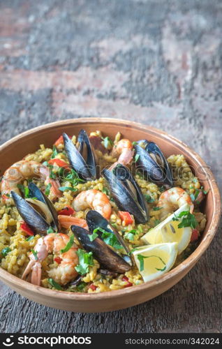 Bowl of seafood paella