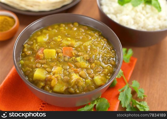 Bowl of spicy Indian dal (lentil) curry prepared with carrot and potato, rice and curry powder in the back and cilantro leaf on the side (Selective Focus, Focus in the middle of the curry). Lentil Curry