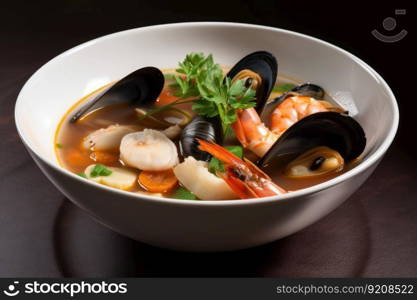 bowl of steaming seafood soup with mussels, clams, and shrimp, created with generative ai. bowl of steaming seafood soup with mussels, clams, and shrimp