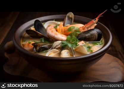 bowl of steaming seafood soup with plump mussels, clams, and shrimp, created with generative ai. bowl of steaming seafood soup with plump mussels, clams, and shrimp