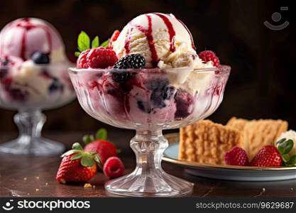 Bowl of strawberry ice cream with a spoonful of ice cream on top, Generative AI