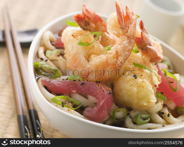 Bowl of Tempura Tiger Prawn and Udon Noodle Broth with Yellow Fin tuna