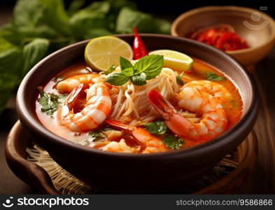 Bowl of tom yum seafood and vegetables soup on table.AI Generative