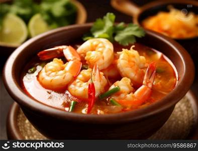 Bowl of tom yum seafood and vegetables soup on table.AI Generative
