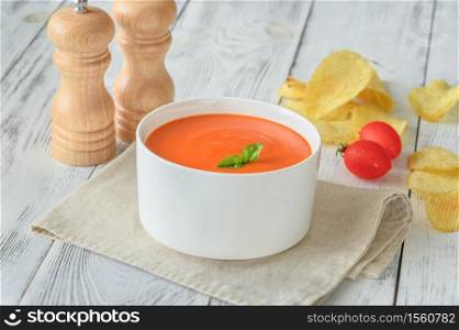 Bowl of tomato soup with basil close up