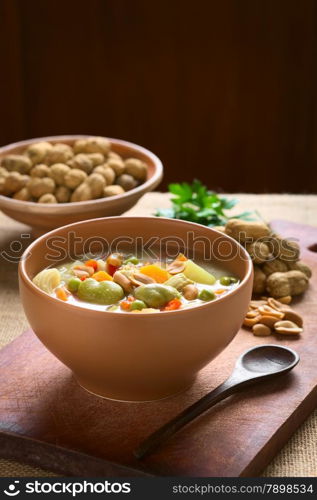 Bowl of traditional Bolivian Sopa de Mani (peanut soup) made of meat, pasta, vegetables (pea, carrot, potato, broad bean, pepper, corn) and ground peanut, photographed on wooden board with natural light (Selective Focus, Focus one third into the soup)