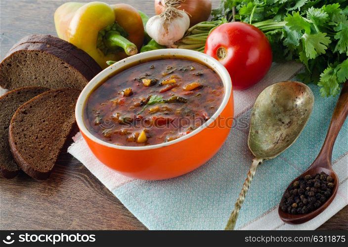 Bowl of traditional soup Borscht on table. The bowl of traditional soup borscht on table