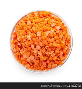 Bowl of uncooked red lentils from above isolated on white background