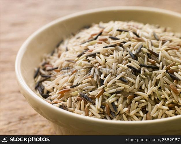 Bowl of Uncooked Wild, Basmati and Red Carmague Rice