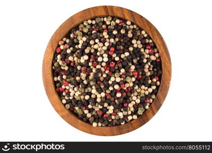 bowl of various pepper peppercorns seeds mix on white