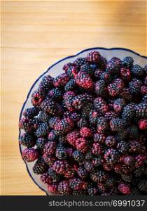 Bowl of wild blackberries in shades of deep red and black in shallow focus