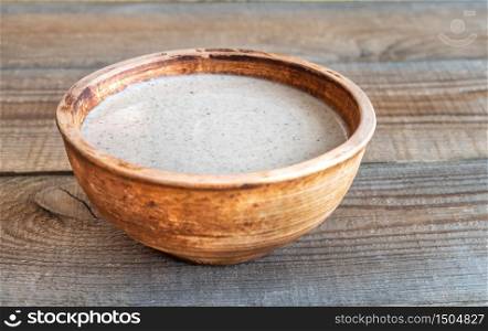 Bowl of wild mushroom cream soup close-up