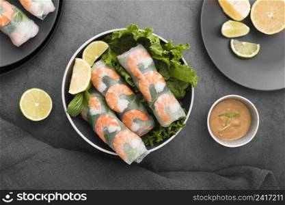 bowl shrimp rolls with salad lemon