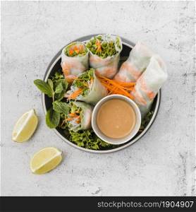 bowl shrimp rolls with sauce lemon slices. Beautiful photo. bowl shrimp rolls with sauce lemon slices