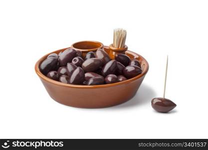 Bowl with black Calamata olives on white background