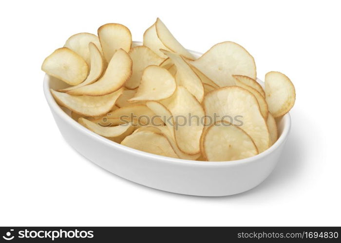 Bowl with deep fried cassava chips close up isolated on white background