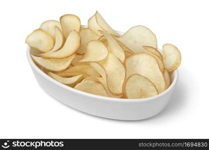 Bowl with deep fried cassava chips close up isolated on white background