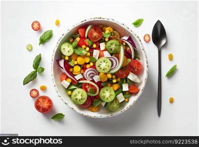 Bowl with delicious vegetable salad on white background illustration. AI generative.