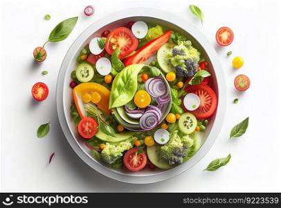 Bowl with delicious vegetable salad on white background illustration. AI generative.