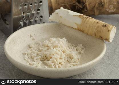 Bowl with fresh peeled and grated young horseradish close up,