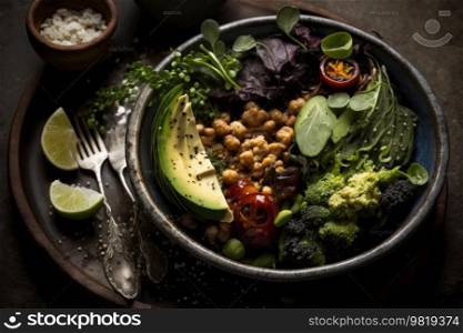 Bowl with fresh salad, avocado, grains, beans. Illustration Generative AI
