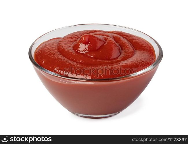 Bowl with ketchup isolated on white background. Bowl with ketchup