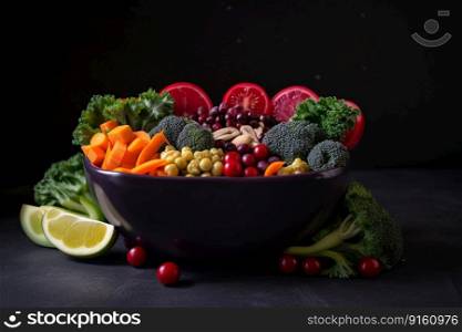 Bowl with lots of vegetables and fruits with heart shape on a dark background. Eat healthy