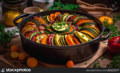 bowl with ratatouille, healthy food with vegetables generative ai.