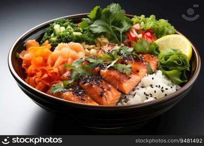 Bowl with salmon, rice and vegetables. Generative AI