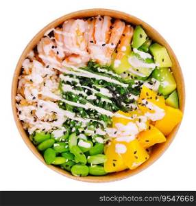 bowl with shrimp, pineapple, avocado, beans and seaweed