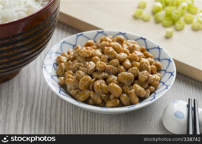 Bowl with traditional Japanese fermented soybeans called natto and rice