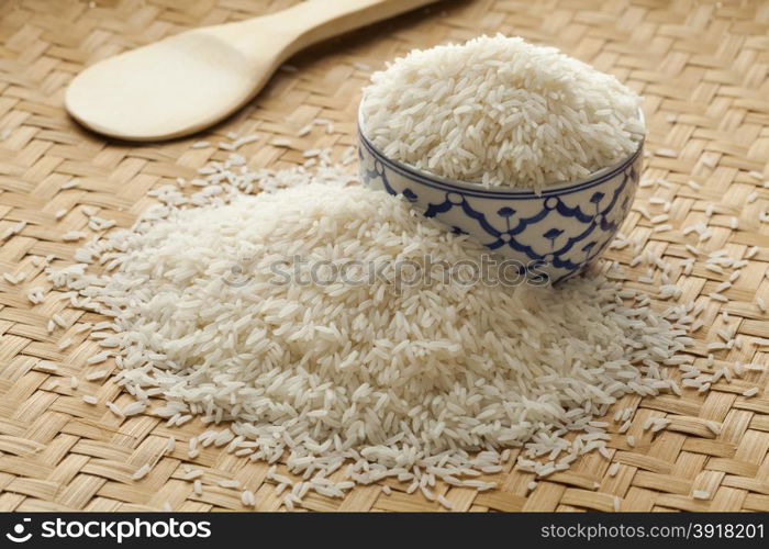 Bowl with uncooked white Jasmine rice