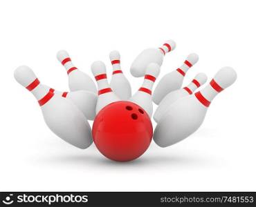 Bowling ball and scattered skittles on a white background. 3d render illustration.. Bowling ball and scattered skittles on a white background.