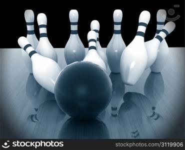 Bowling Pins on wood background. 3d render