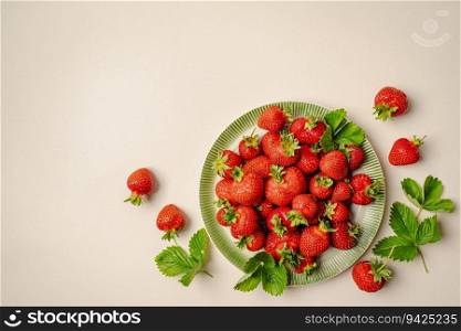 Bowls with ripe red strawberries on light background, top view. Fresh strawberry flat lay. Creative food concept. Copy space. Fresh strawberry flat lay