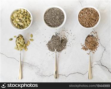 bowls with various seeds spoons. High resolution photo. bowls with various seeds spoons. High quality photo