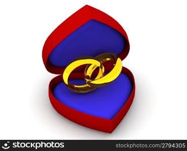 Box as heart with wedding rings. 3d