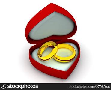 Box as heart with wedding rings. 3d