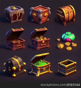 box game treasure chest ai generated. gold icon, cartoon open, golden pirate box game treasure chest illustration. box game treasure chest ai generated