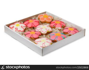 Box of different homemade cookies with icing, isolated on white
