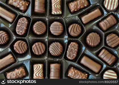 Box of praline chocolates bonbon candy sweet food background.