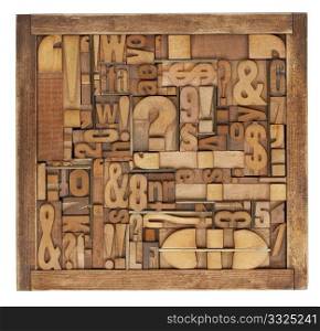 box of vintage wood printing blocks - letters, numbers, symbols, punctuation marks, brass inserts