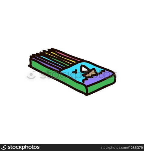 Box of wooden colored pencils on white cartoon ink pen Icon sketch style Vector illustration for web logo. Box of wooden pencils on white background